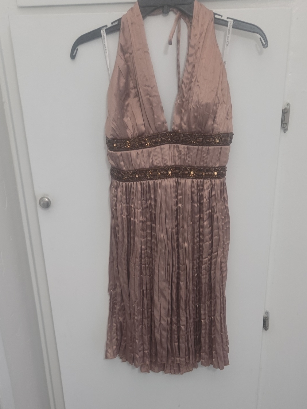 Morgan & Co. One-Shoulder Pleated Halter Dress in Dusty Mauve with Beaded Waist